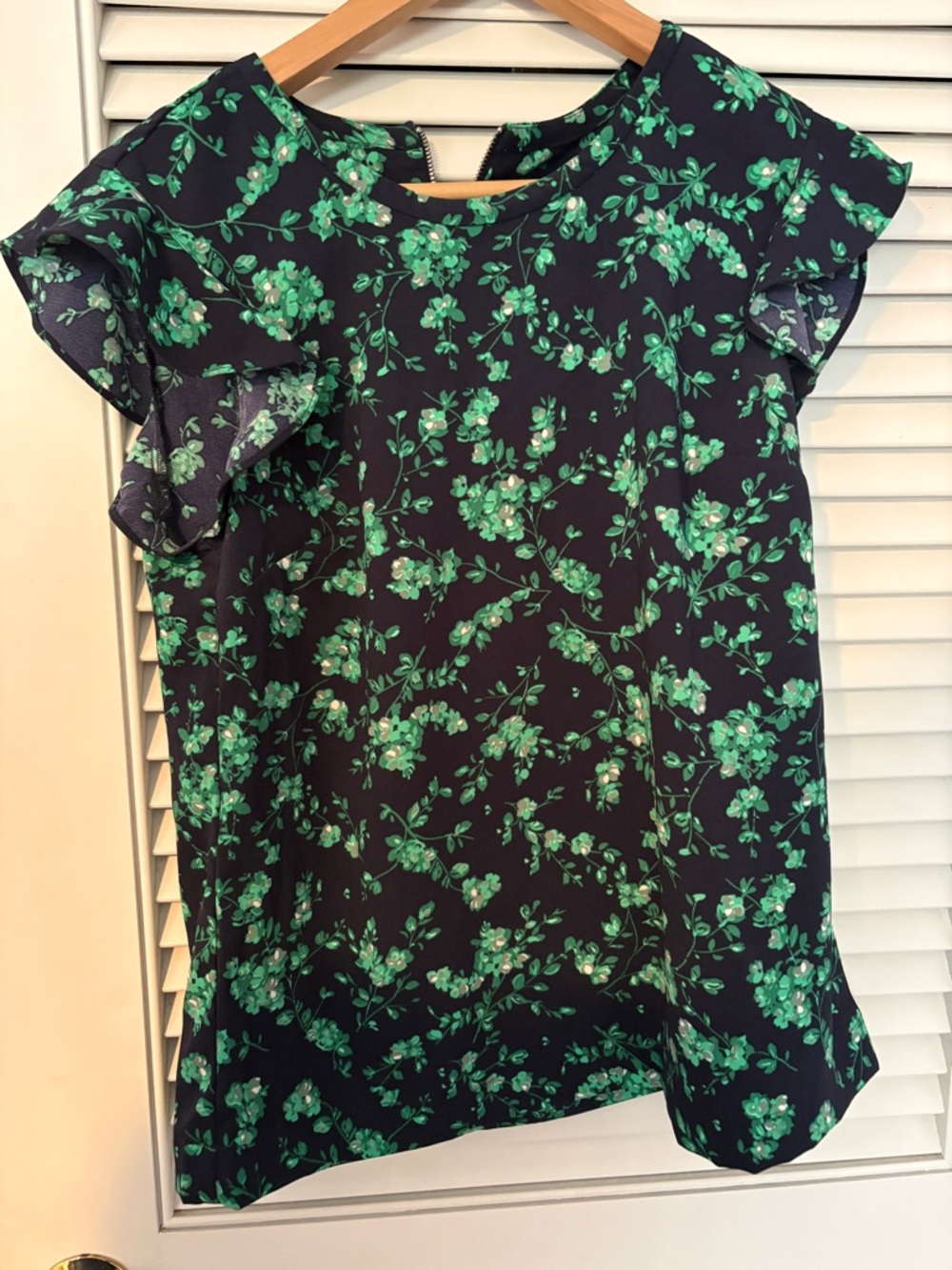 J. Crew Navy Top with Green Floral Print and Ruffle Sleeves